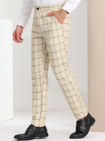 Men's Slim Fit Checked Flat Front Business Plaid Formal Dress Pants