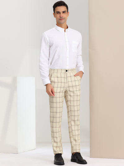 Men's Slim Fit Checked Flat Front Business Plaid Formal Dress Pants