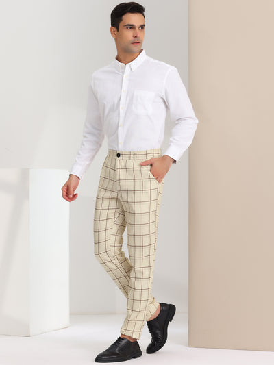 Men's Slim Fit Checked Flat Front Business Plaid Formal Dress Pants