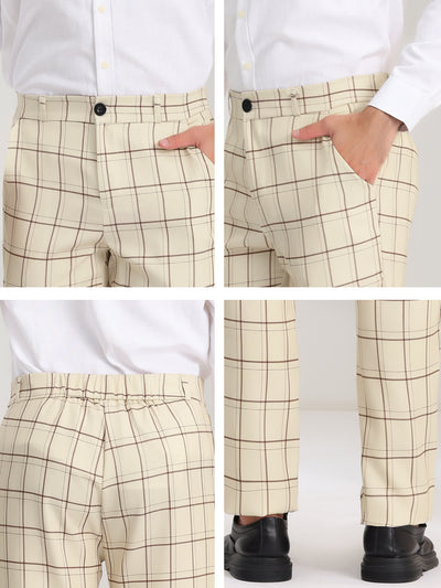 Men's Slim Fit Checked Flat Front Business Plaid Formal Dress Pants