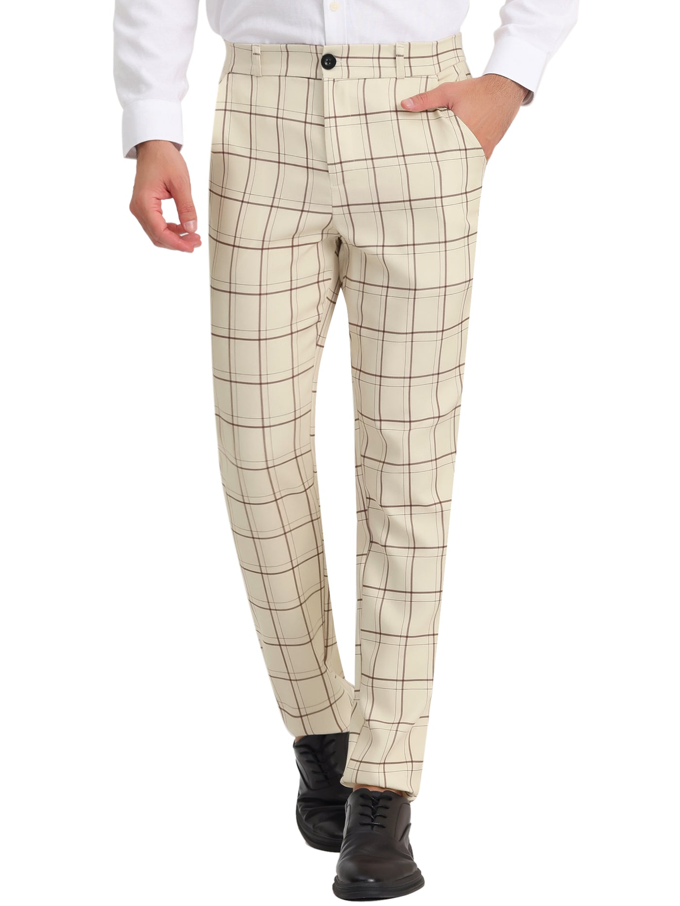 Bublédon Men's Slim Fit Checked Flat Front Business Plaid Formal Dress Pants