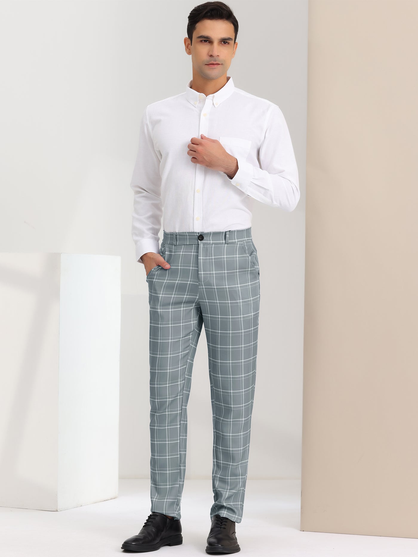 Bublédon Men's Slim Fit Checked Flat Front Business Plaid Formal Dress Pants