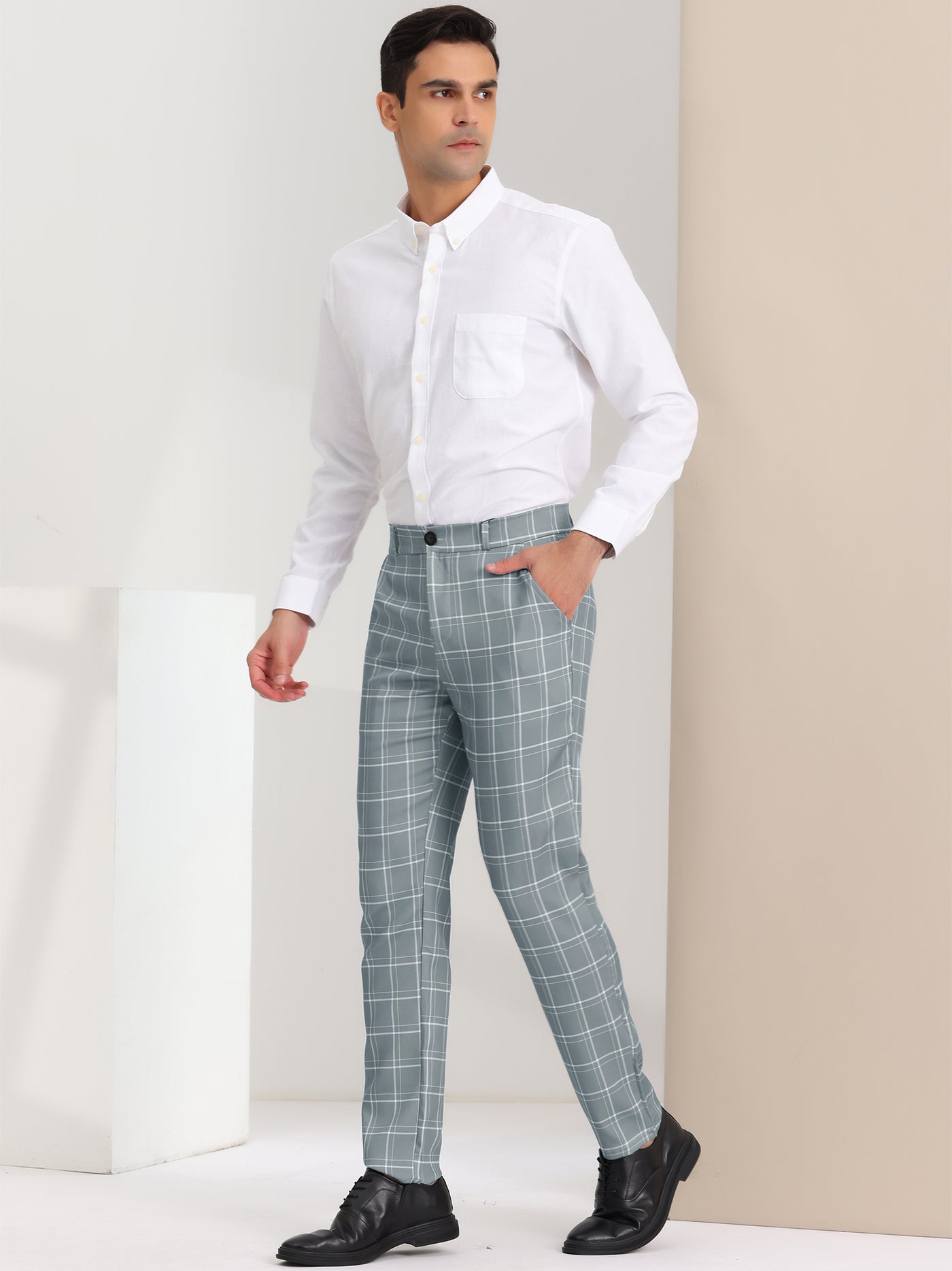 Bublédon Men's Slim Fit Checked Flat Front Business Plaid Formal Dress Pants