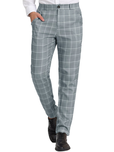 Men's Slim Fit Checked Flat Front Business Plaid Formal Dress Pants