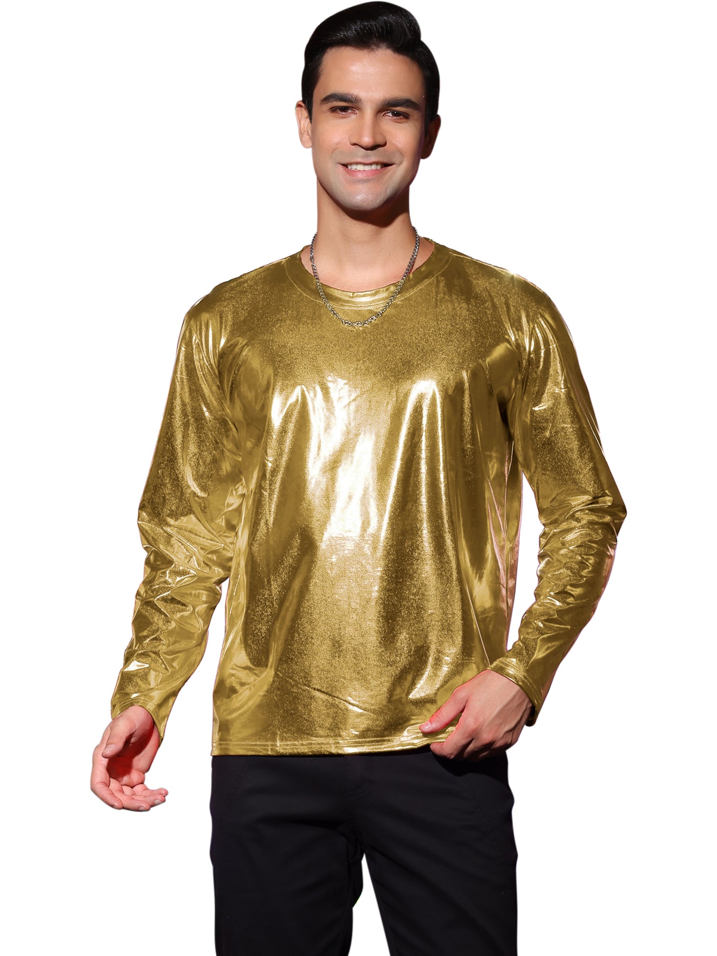 Bublédon Men's Metallic T-Shirt Round Neck Shining Disco Long Sleeve Shirt