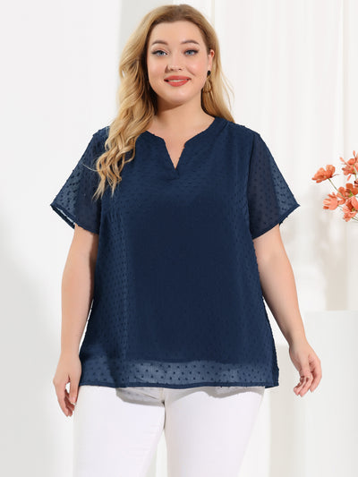 Plus Size Solid Color Jacquard Pin Dot V Neck Blouse