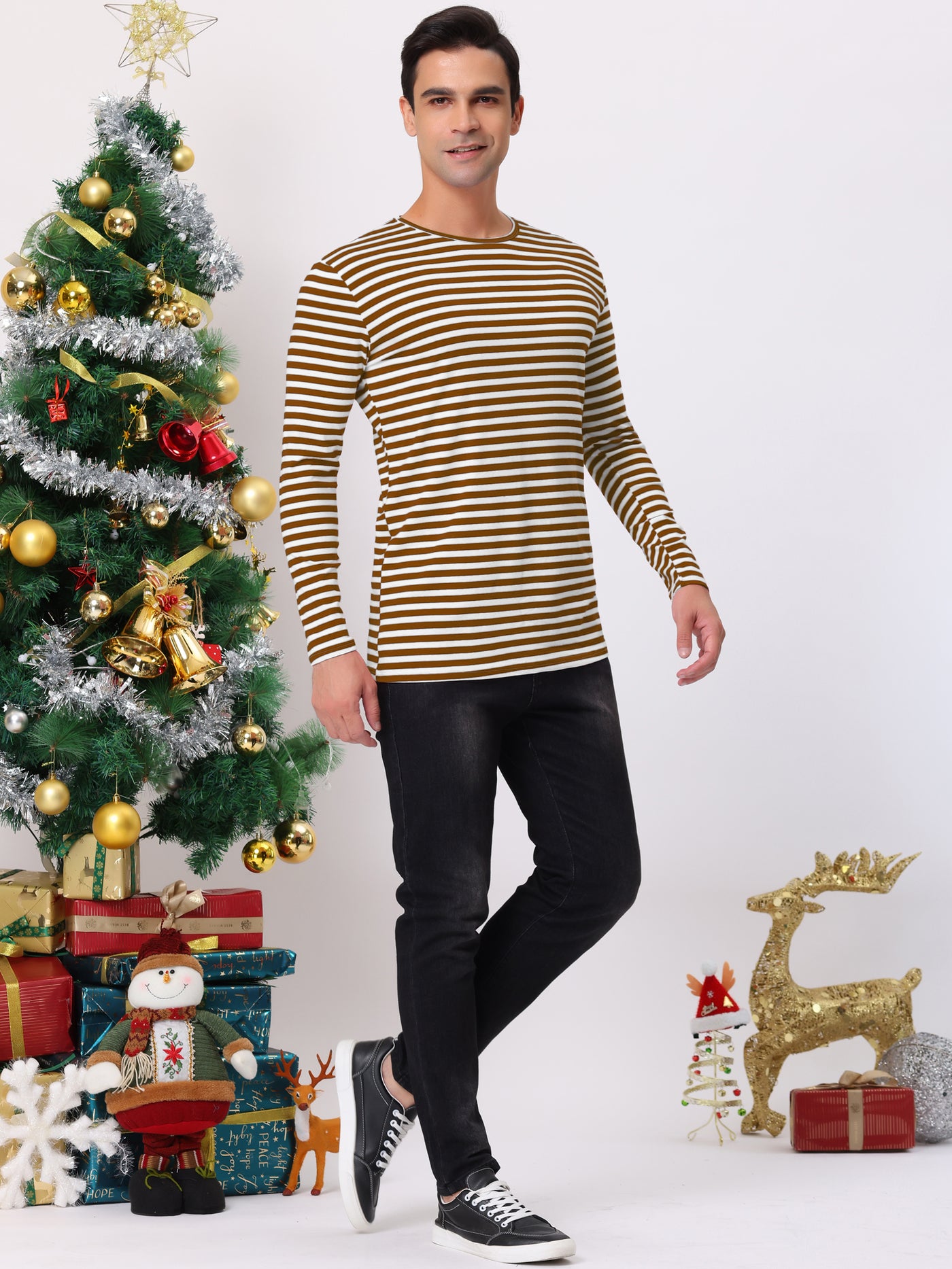 Bublédon Men's Striped Crew Neck Stripe Basic Long Sleeve Shirt