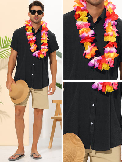 Summer Shirts for Men's Solid Color Short Sleeve Button Down Regular Fit Hawaiian Shirt Tops