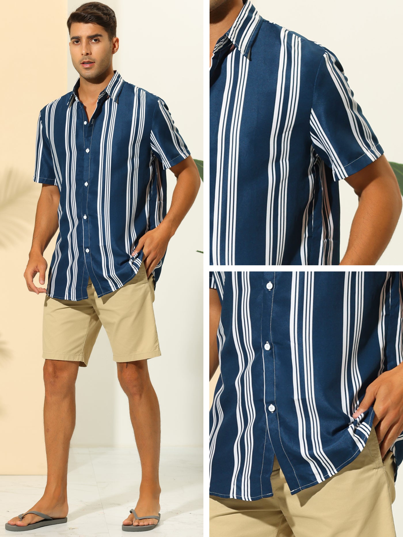 Bublédon Striped Shirt for Men's Point Collar Short Sleeve Button Down Hawaiian Shirts