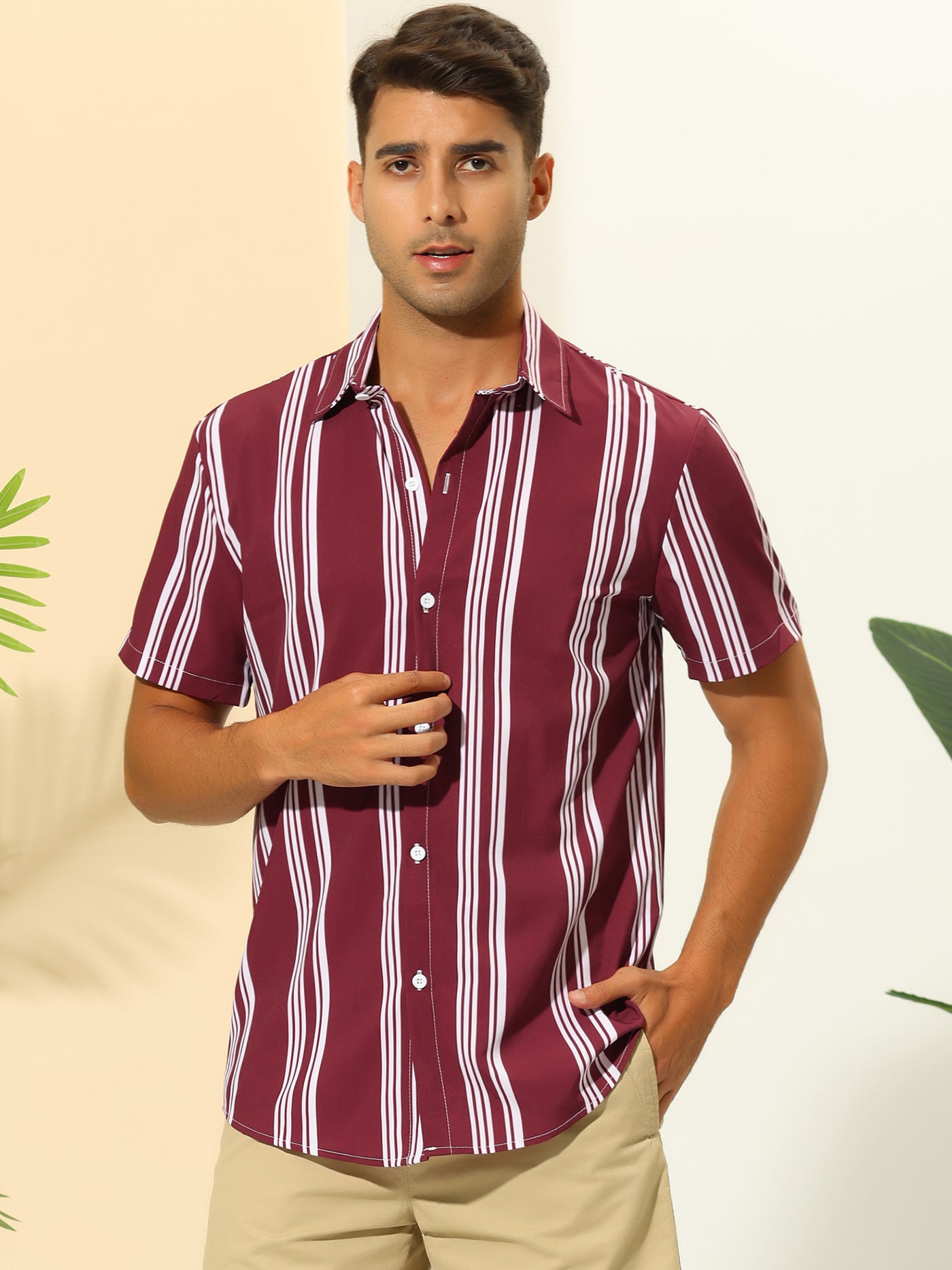 Bublédon Striped Shirt for Men's Point Collar Short Sleeve Button Down Hawaiian Shirts