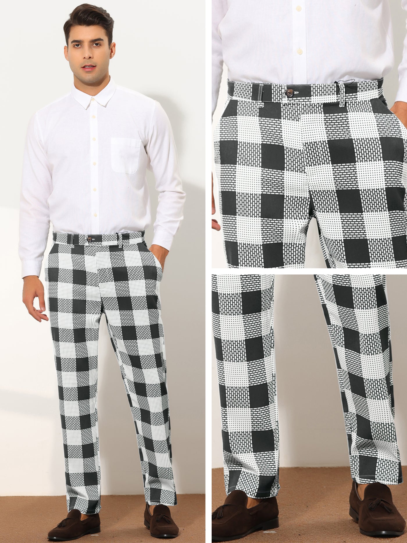 Bublédon Men's Plaid Regular Fit Contrast Color Casual Business Checked Pants