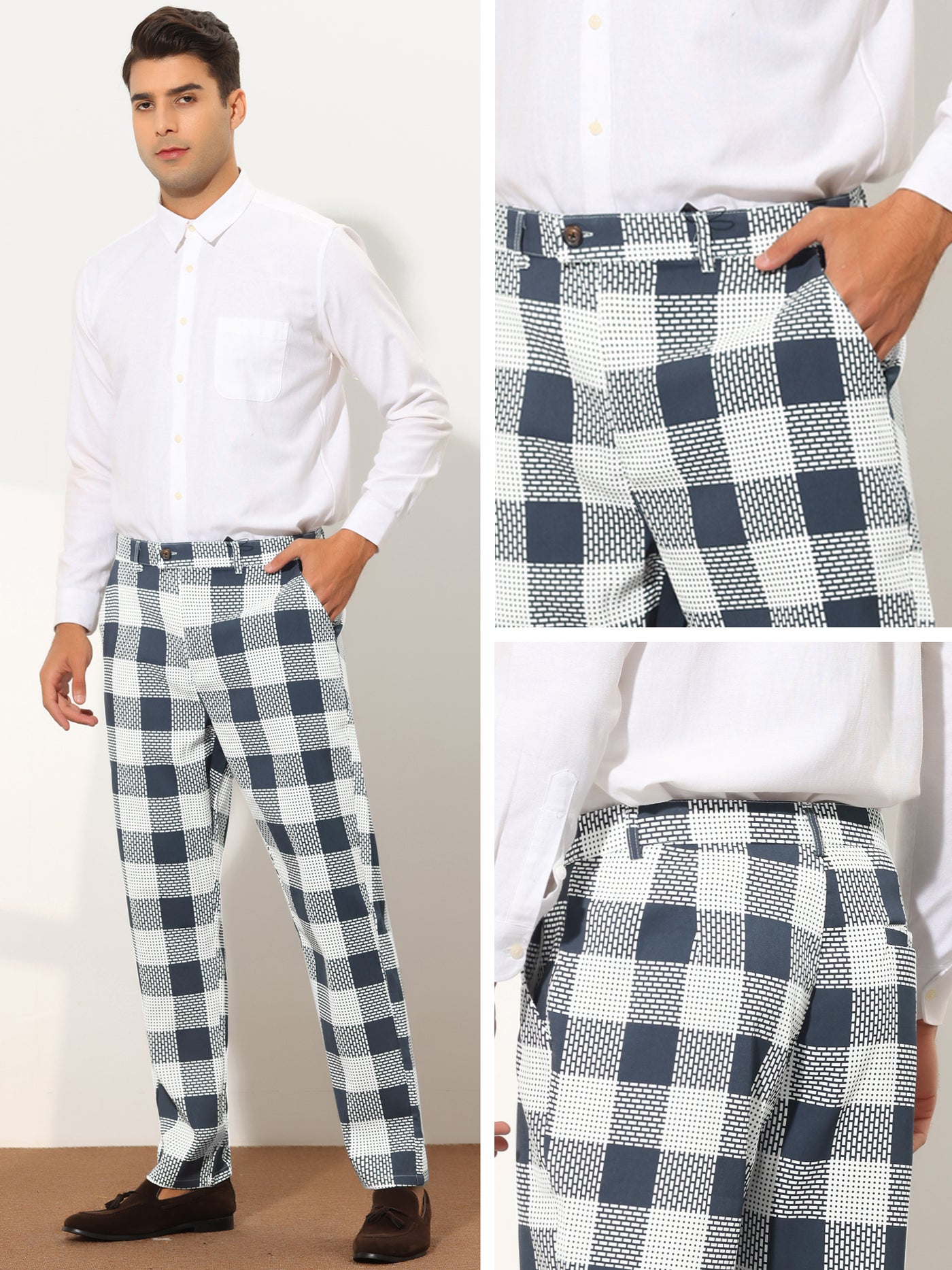 Bublédon Men's Plaid Regular Fit Contrast Color Casual Business Checked Pants