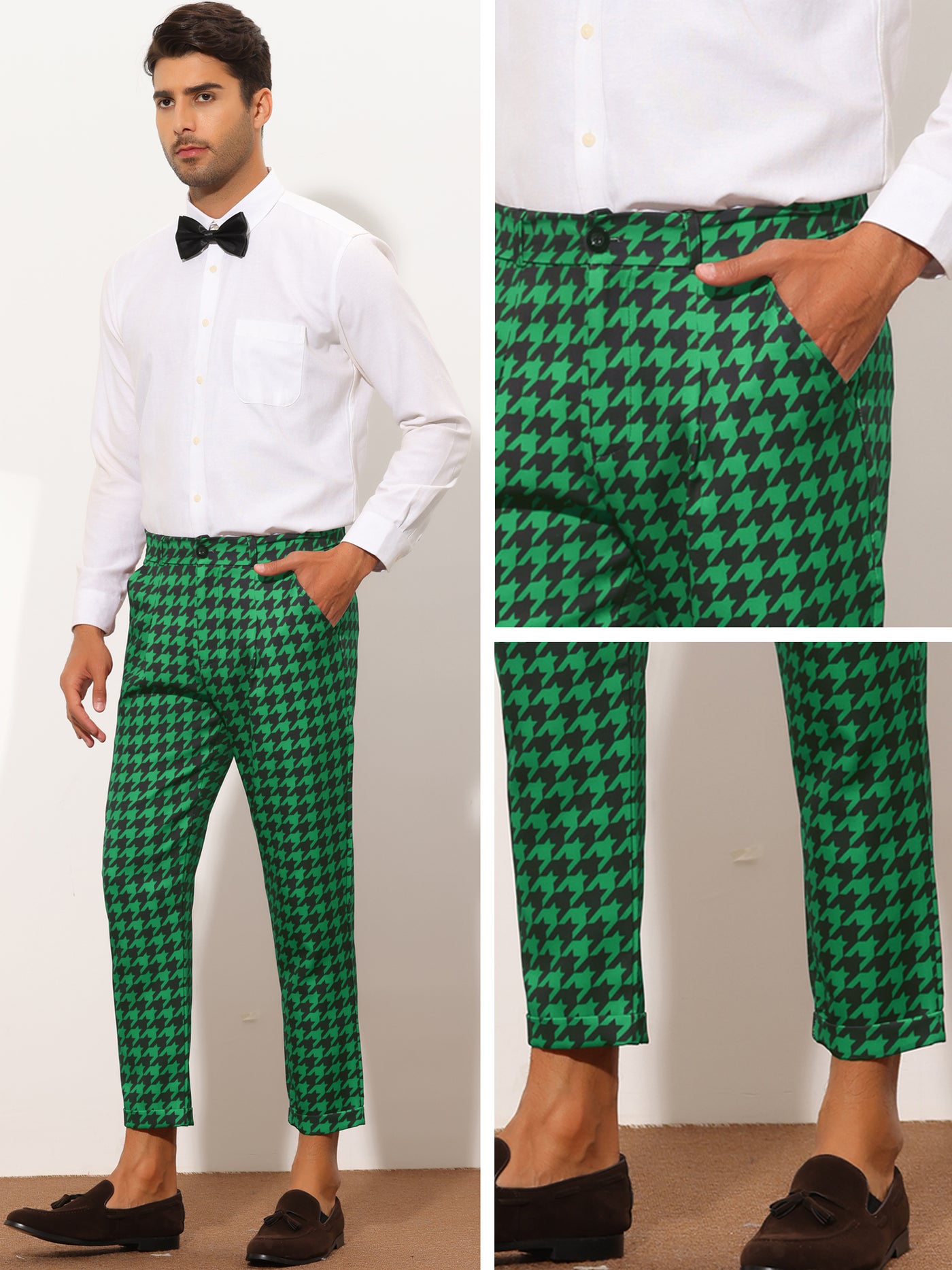 Bublédon Men's Plaid Slim Fit Houndstooth Checked Cropped Dress Pants