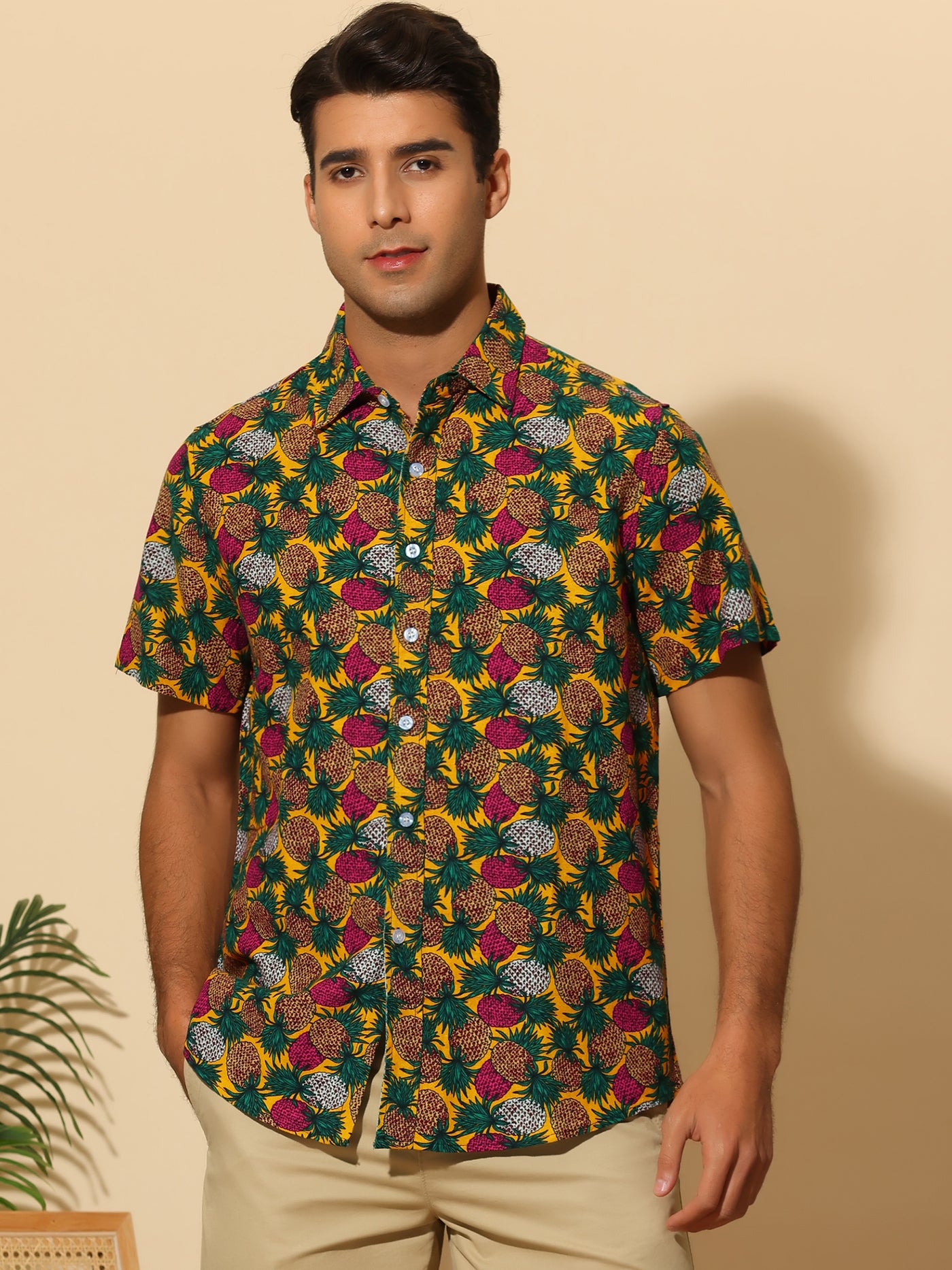 Bublédon Pineapple Print Shirt for Men's Hawaiian Short Sleeve Tropical Fruit Printed Shirts