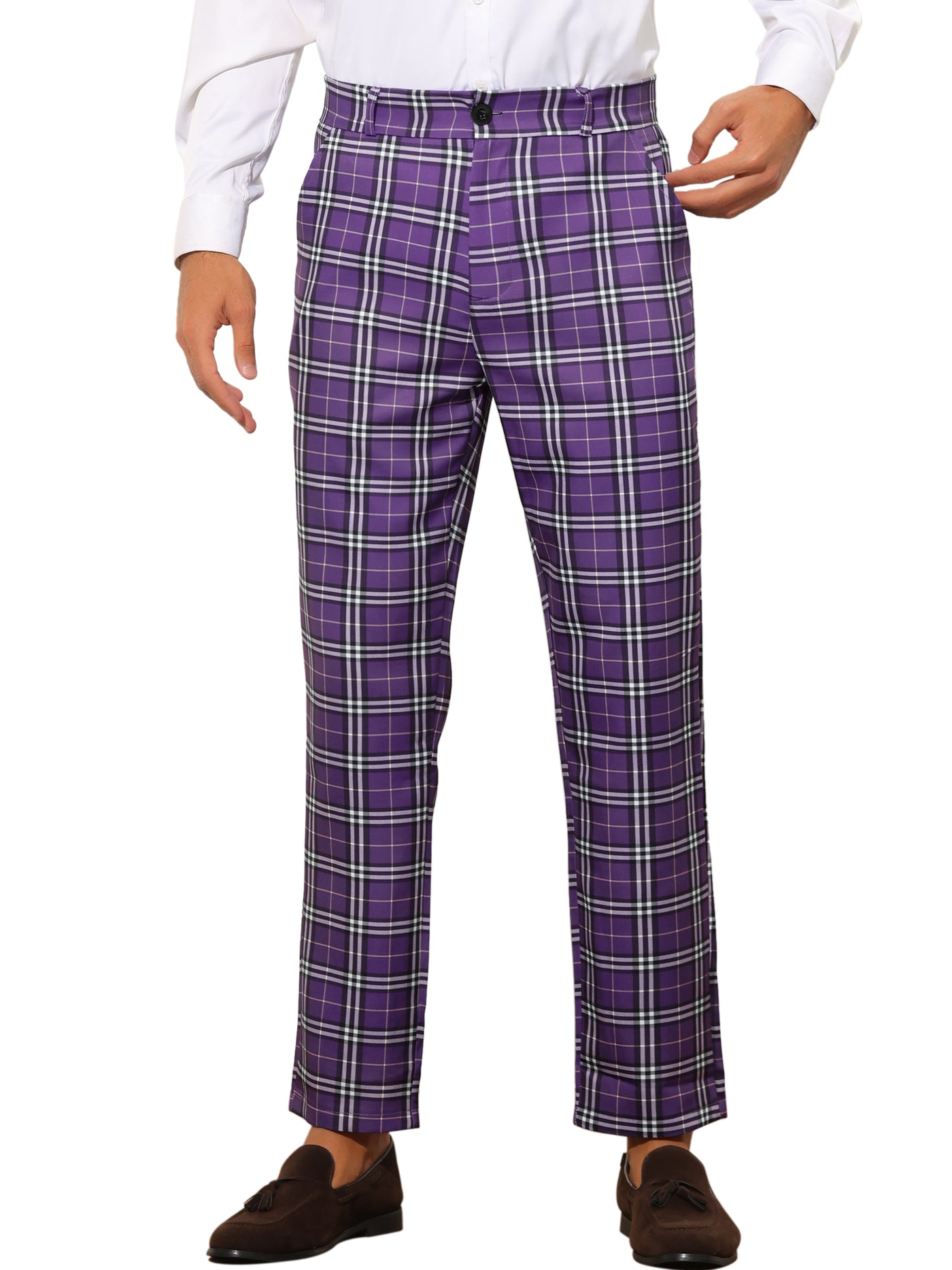 Bublédon Plaid Formal Pants for Men's Straight Fit Flat Front Office Checked Pattern Trousers