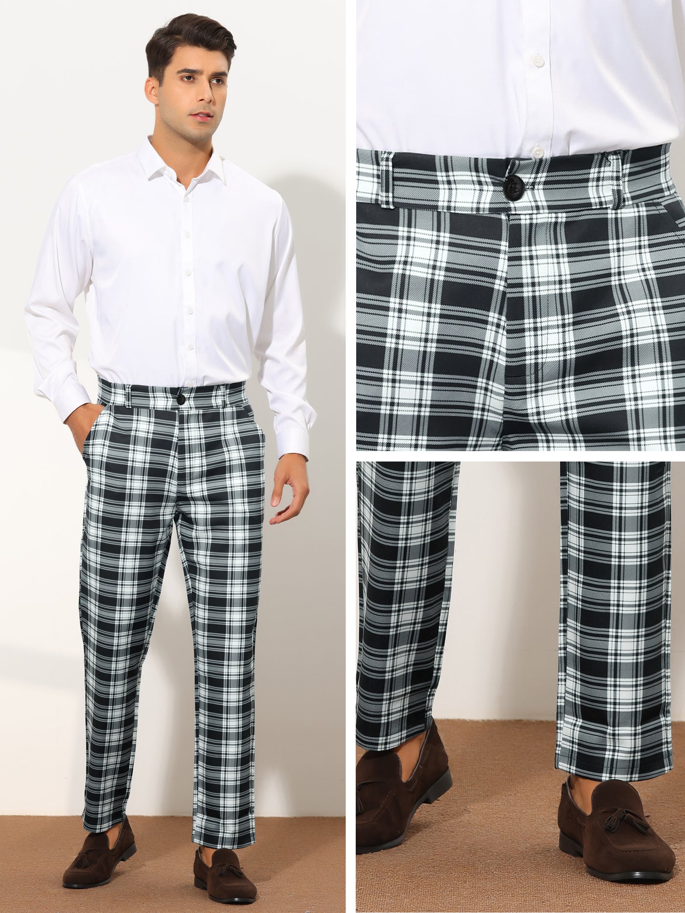 Bublédon Plaid Formal Pants for Men's Straight Fit Flat Front Office Checked Pattern Trousers