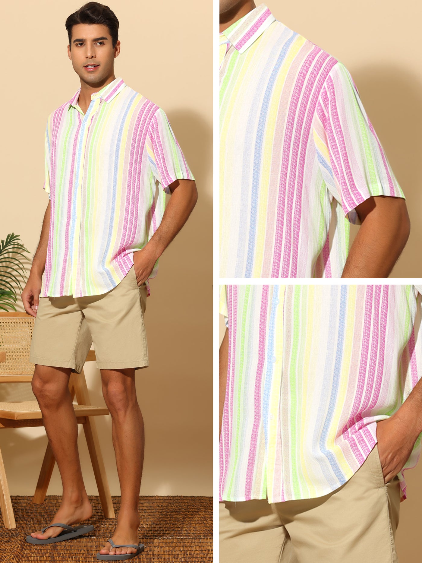 Bublédon Striped Men's Button Down Short Sleeve Summer Hawaiian Shirts