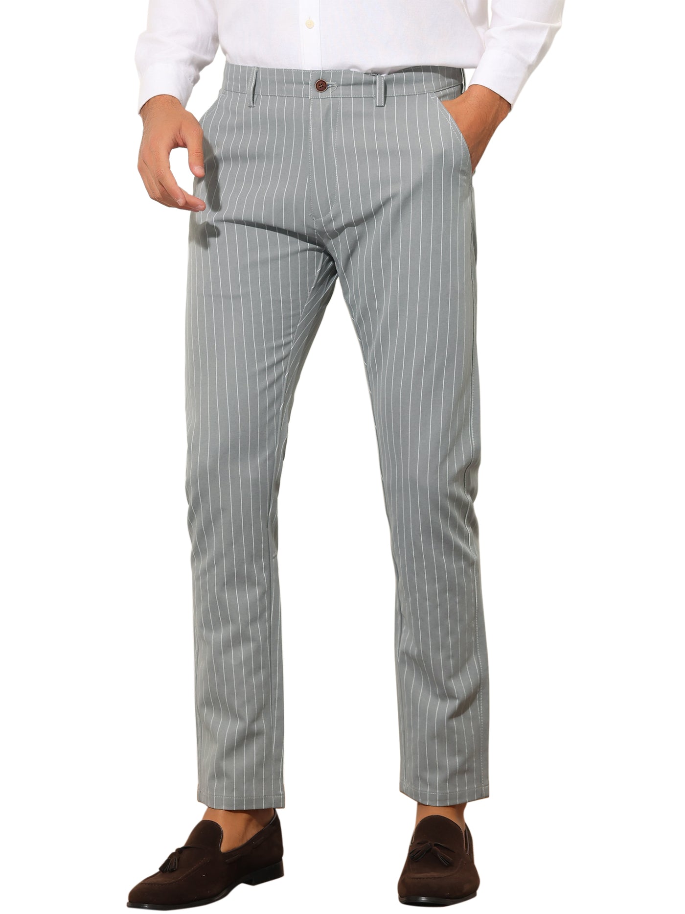 Bublédon Men's Stripes Slim Fit Business Flat Front Chino Dress Pants