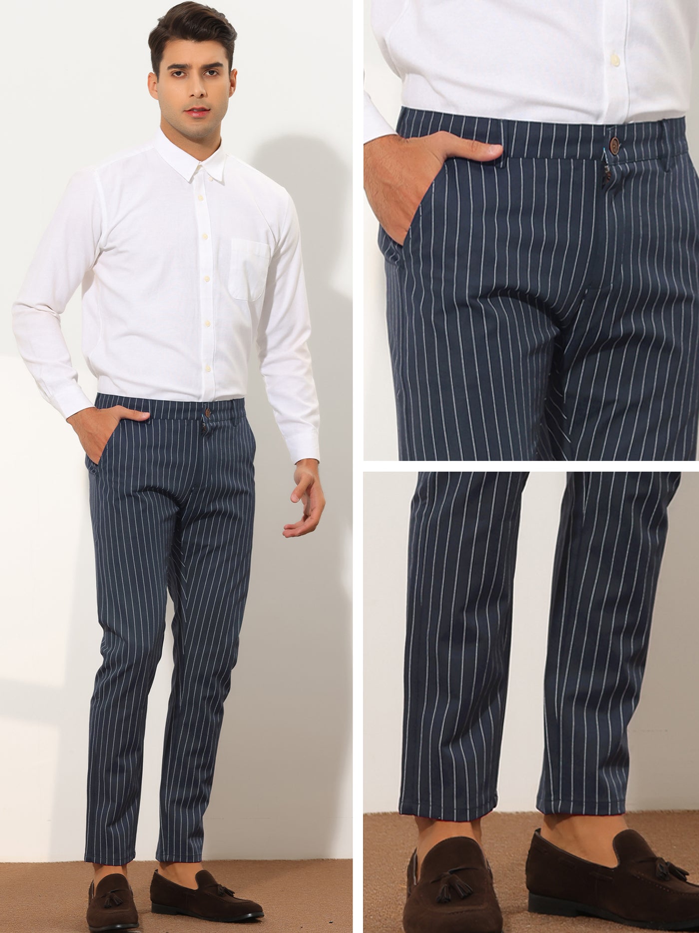 Bublédon Men's Stripes Slim Fit Business Flat Front Chino Dress Pants