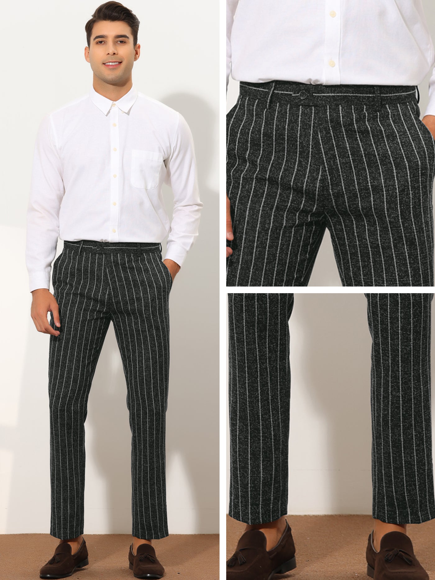 Bublédon Men's Business Striped Flat Front Slim Fit Formal Suit Dress Pants