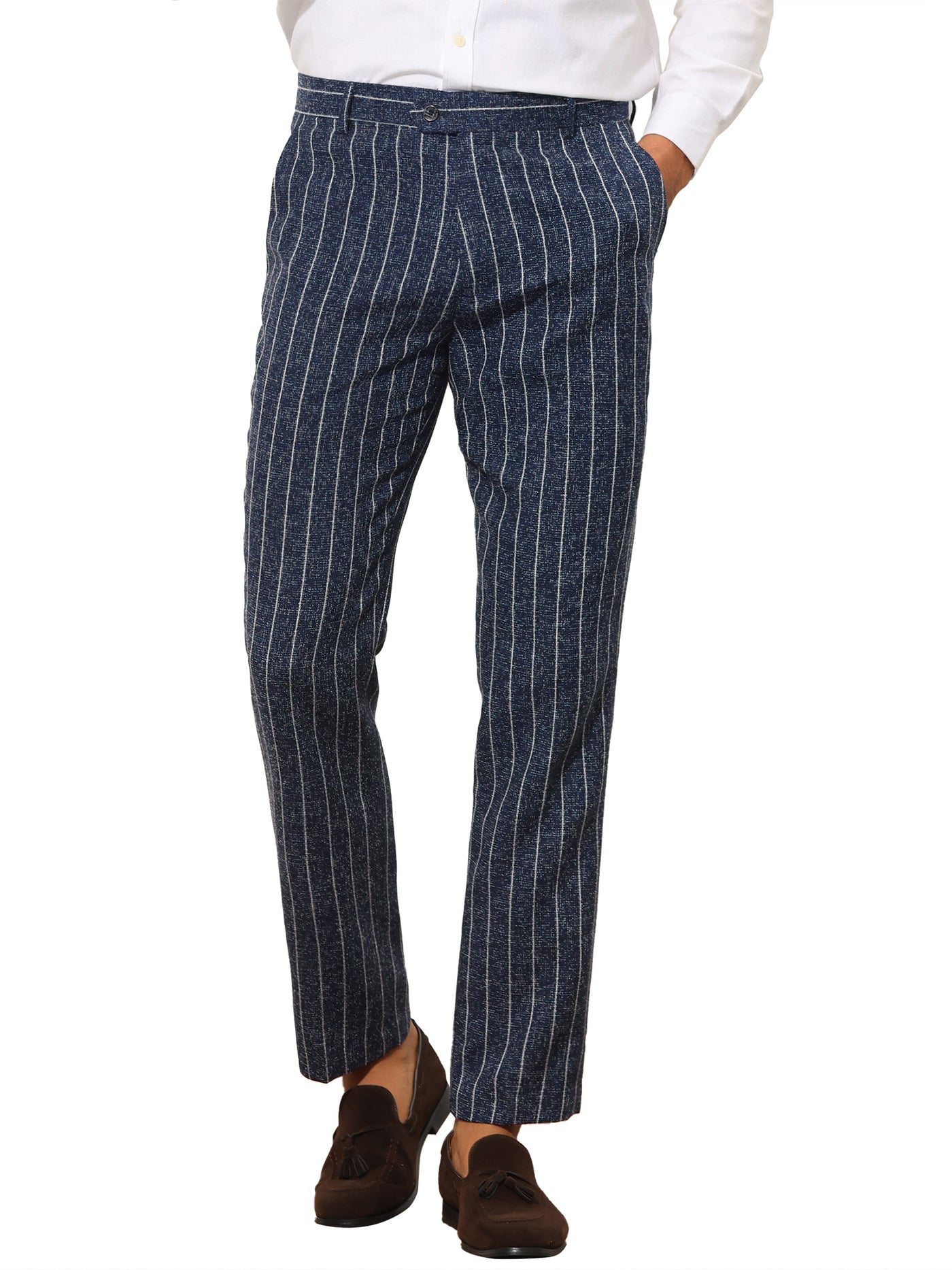 Bublédon Men's Business Striped Flat Front Slim Fit Formal Suit Dress Pants