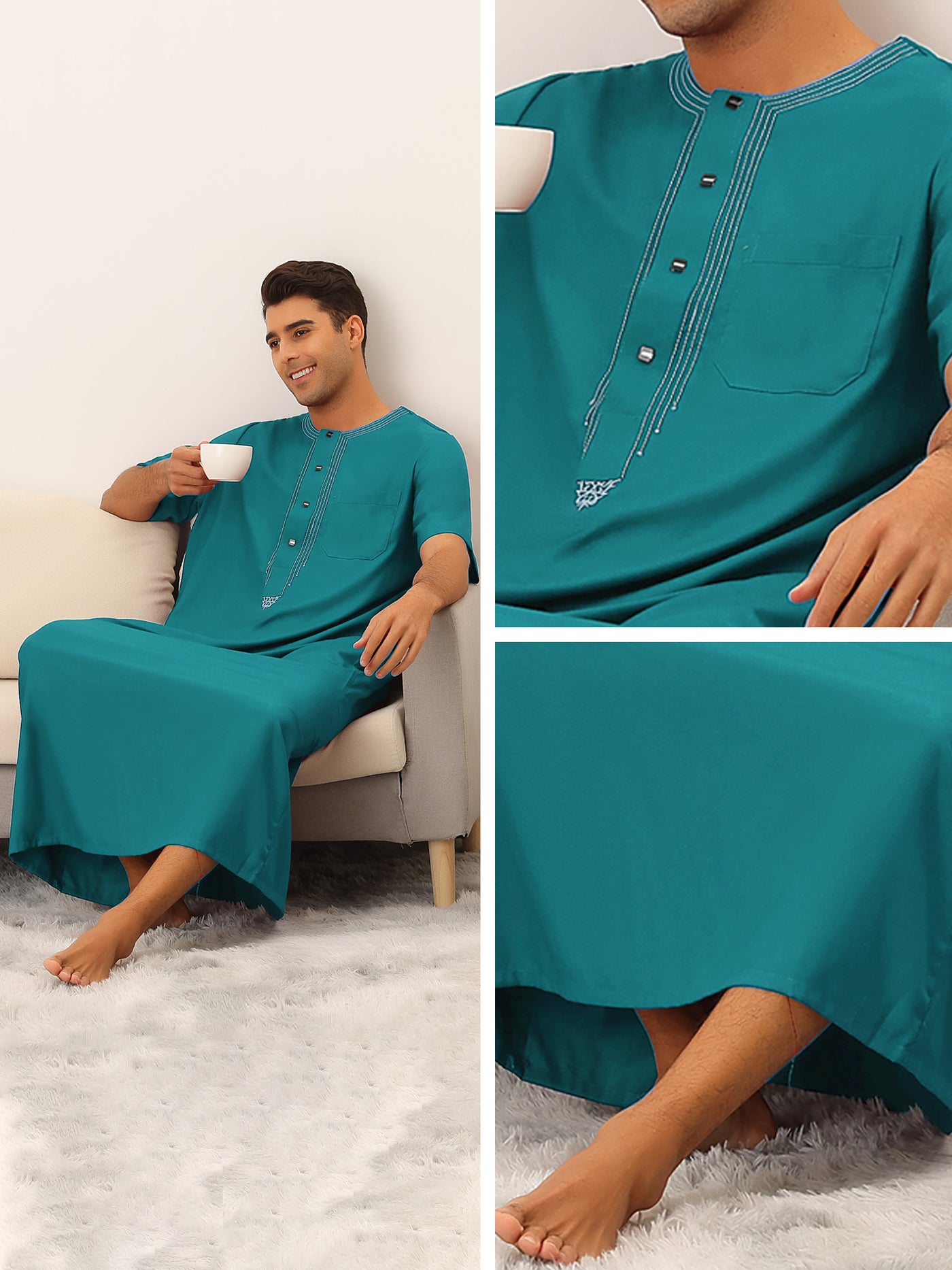 Bublédon Loose Fit Night Gown for Men's Solid Color Short Sleeves Button Pajamas Sleepshirt