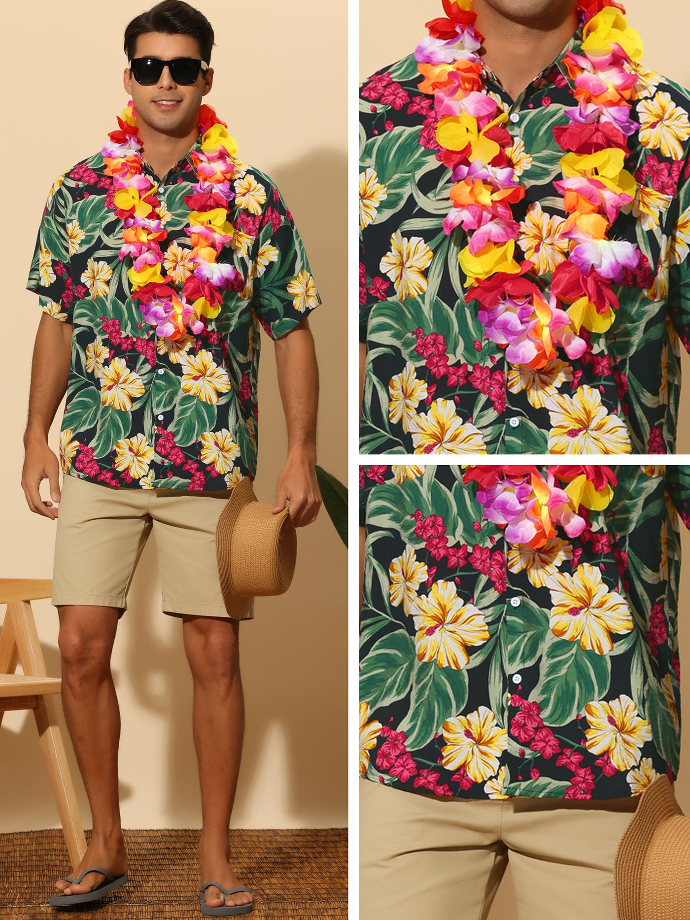 Bublédon Hawaiian Flower Shirt for Men's Short Sleeves Button Down Summer Beach Floral Shirts