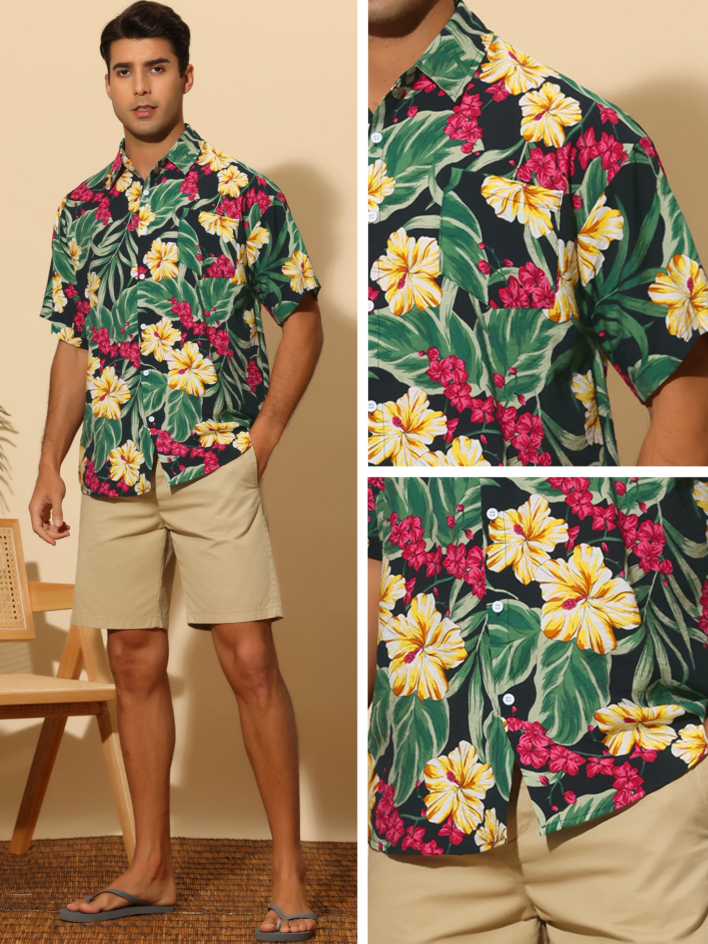 Bublédon Hawaiian Flower Shirt for Men's Short Sleeves Button Down Summer Beach Floral Shirts