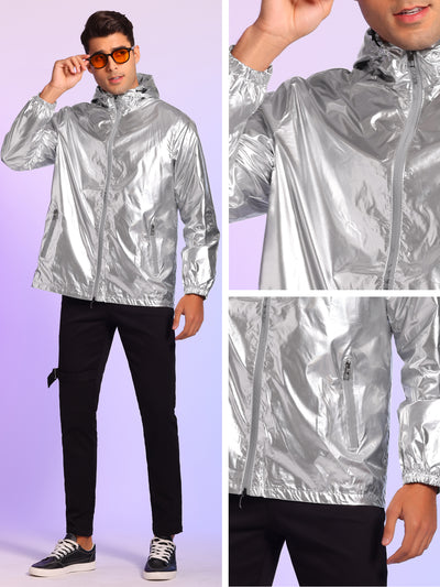 Metallic Jacket for Men's Solid Zipper Sparkle Shiny Holographic Hooded Windbreaker