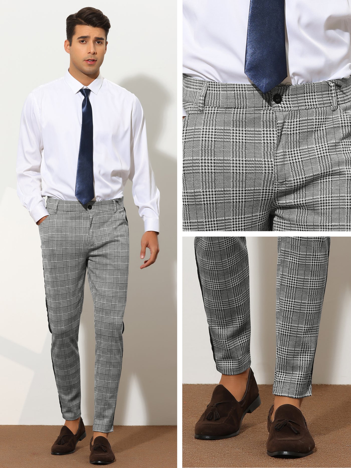 Bublédon Plaid Pants for Men's Slim Fit Button Closure Flat Front Checked Trousers