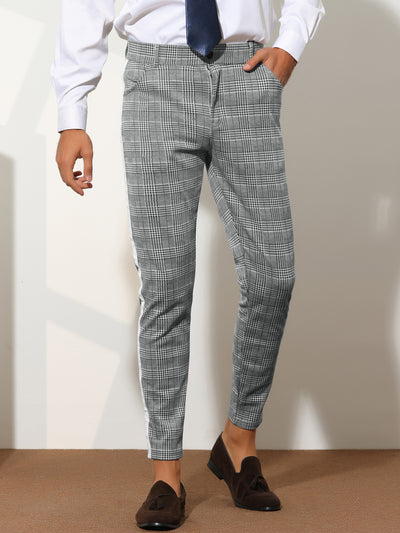 Plaid Pants for Men's Slim Fit Button Closure Flat Front Checked Trousers