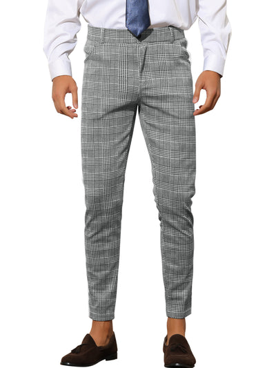 Plaid Pants for Men's Slim Fit Button Closure Flat Front Checked Trousers