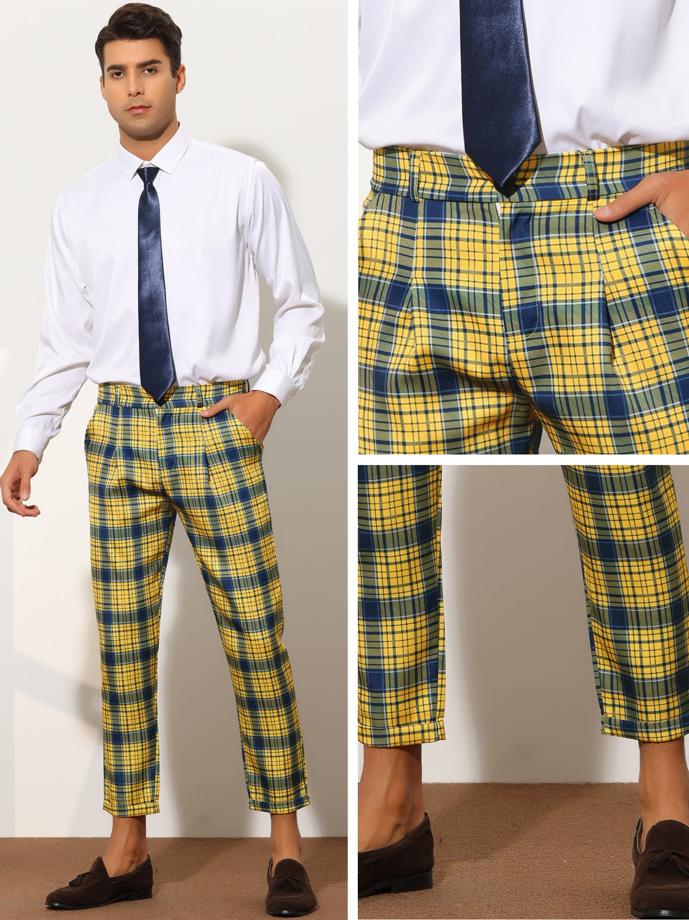 Bublédon Plaid Dress Pants for Men's Cropped Ankle Length Business Trousers