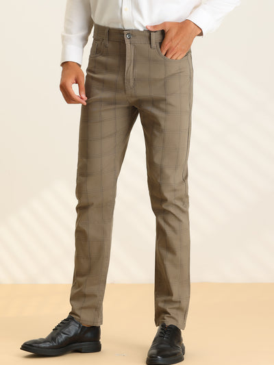 Business Checked Trousers for Men's Straight Leg Flat Front Plaid Dress Pants