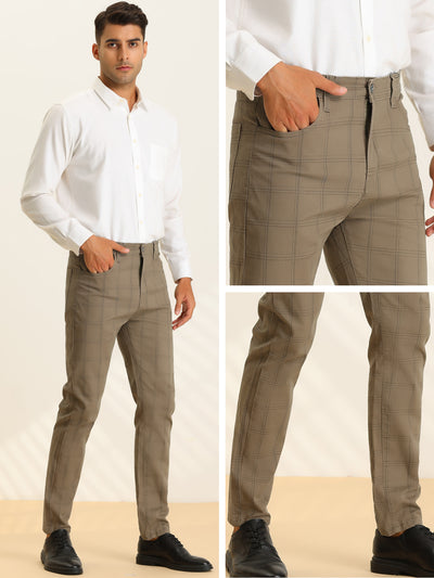 Business Checked Trousers for Men's Straight Leg Flat Front Plaid Dress Pants