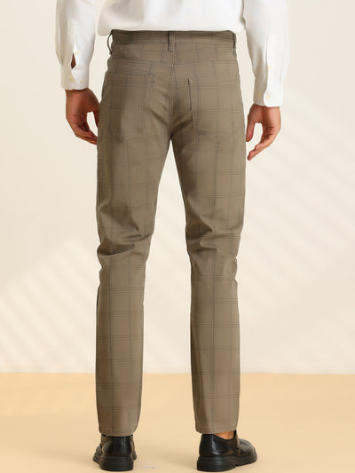 Business Checked Trousers for Men's Straight Leg Flat Front Plaid Dress Pants