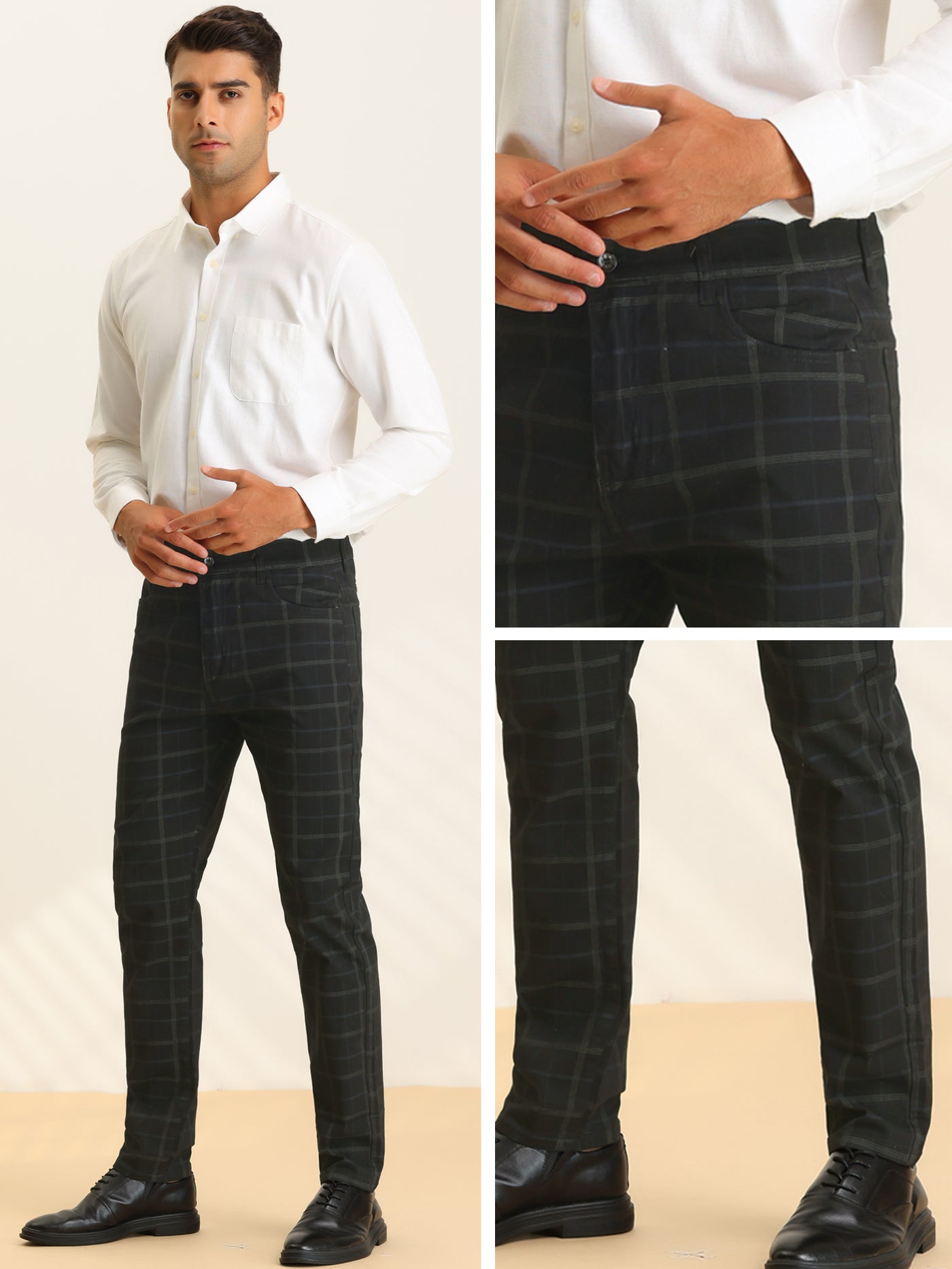 Bublédon Business Checked Trousers for Men's Straight Leg Flat Front Plaid Dress Pants