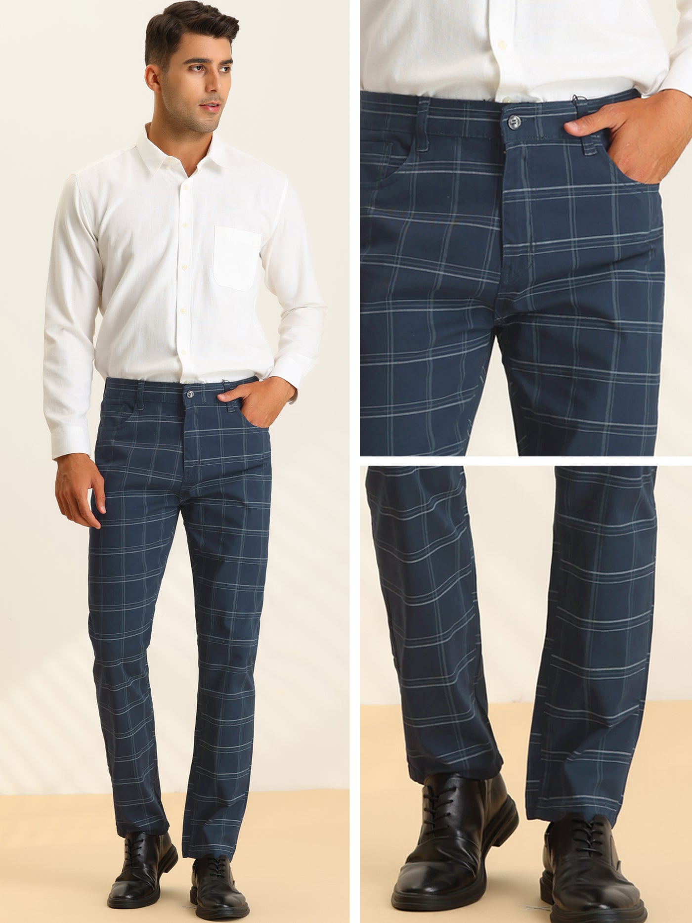 Bublédon Business Checked Trousers for Men's Straight Leg Flat Front Plaid Dress Pants